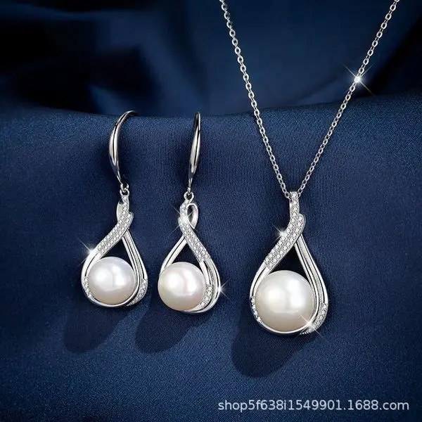 Natural Pearl Necklace & Pure Silver Earrings Set – Elegant Women's Fashion Jewelry | Simple Young Style