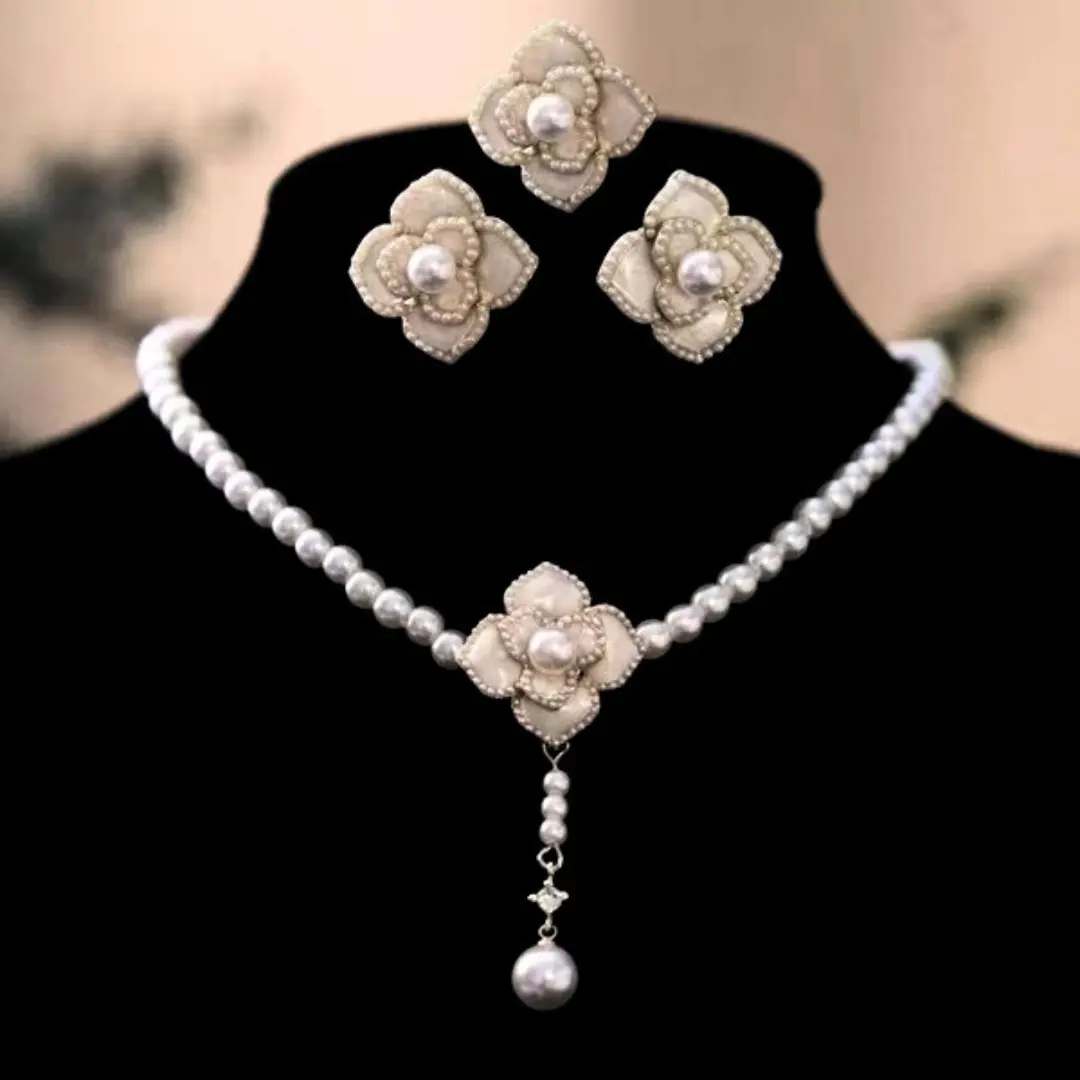 French Retro Pearl Necklace Set | Elegant Camellia Petal Clavicle Chain | Bridal Wedding & Evening Dress Jewelry Three-Piece Suit